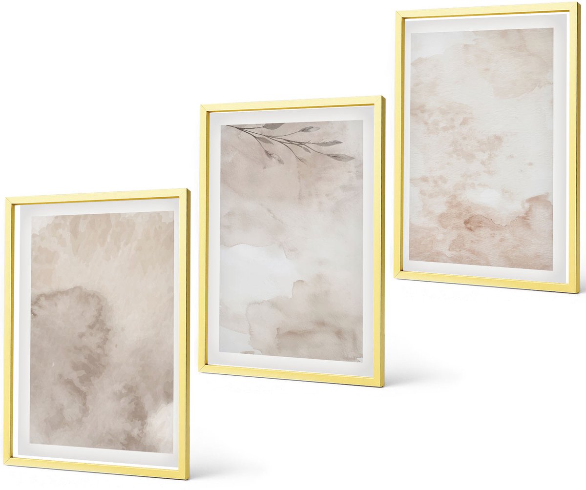 Coloray 3-Delige Schilderij Set - Textuur Van Gemorste Aquarelverf In Boho-Stijl - 40 x 40 cm En 40 x 60 cm - Moderne Wanddecoratie - Woonkamer - Woonkamer Decoratie