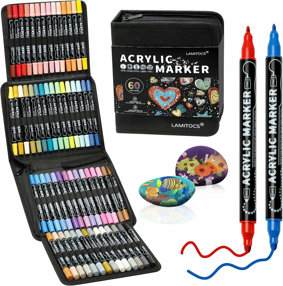 Acryl Markers Set 60 Kleuren Dubbele Punt voor Schilderen & Knutselen