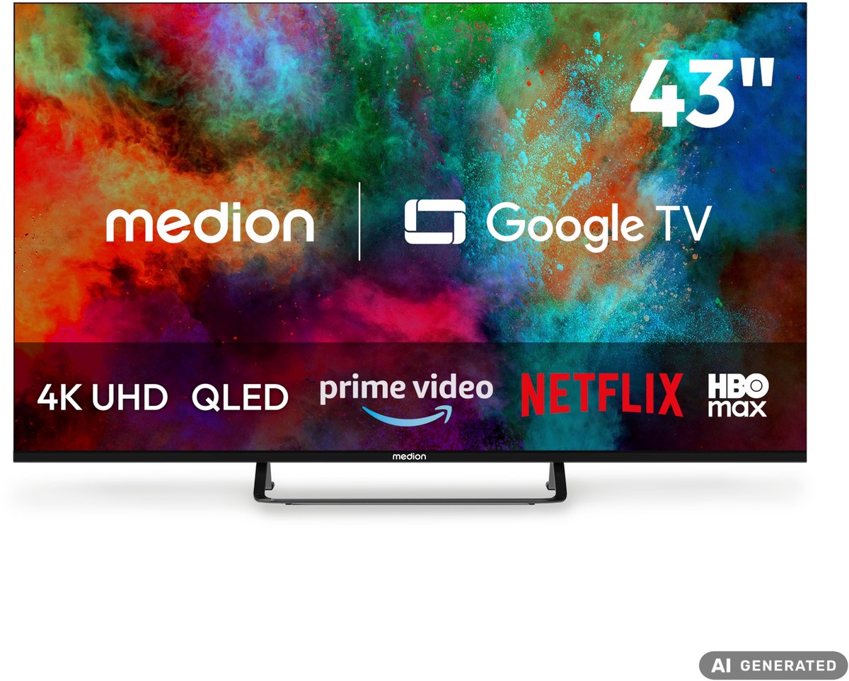 MEDION 4K QLED Smart TV 108 cm (43 inch) - MD 843701 | Dolby Vision HDR, Prime Video, Disney+, compatibel met Google TV, PVR, Bluetooth