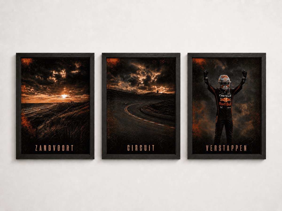 Max Verstappen posterset Zandvoort | Drieluik Formule 1 & Circuit | 3x A4 Inclusief Zwarte Lijsten | F1 Wanddecoratie