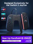 Zwarte JSAUX Joy-Con controller met een roze accent, display met 'Niet voor Nintendo Switch 1, Lite, Oled'.",