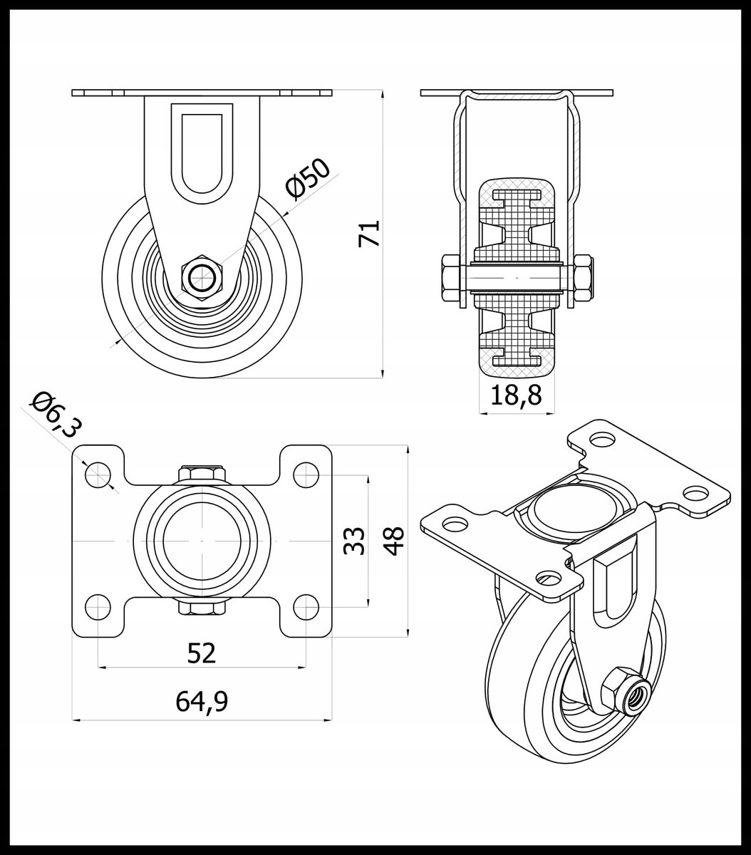 Zwenkwiel voor meubels, 50mm, polyurethaan, polyamide behuizing