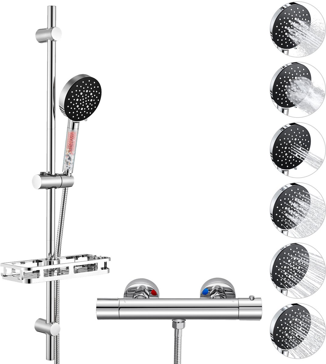 Auralum Max Glijstangset met Thermostaatkraan - 90 cm Glijstang Doucheset - Inclusief Plankje - 38 °C Veiligheidsfuncties Douchekraan - 6 Standen Handdouche - Douchekop met 4 Filters - Hoge Druk - Anti-Kalk - Waterbesparende - Chroom&Zwart