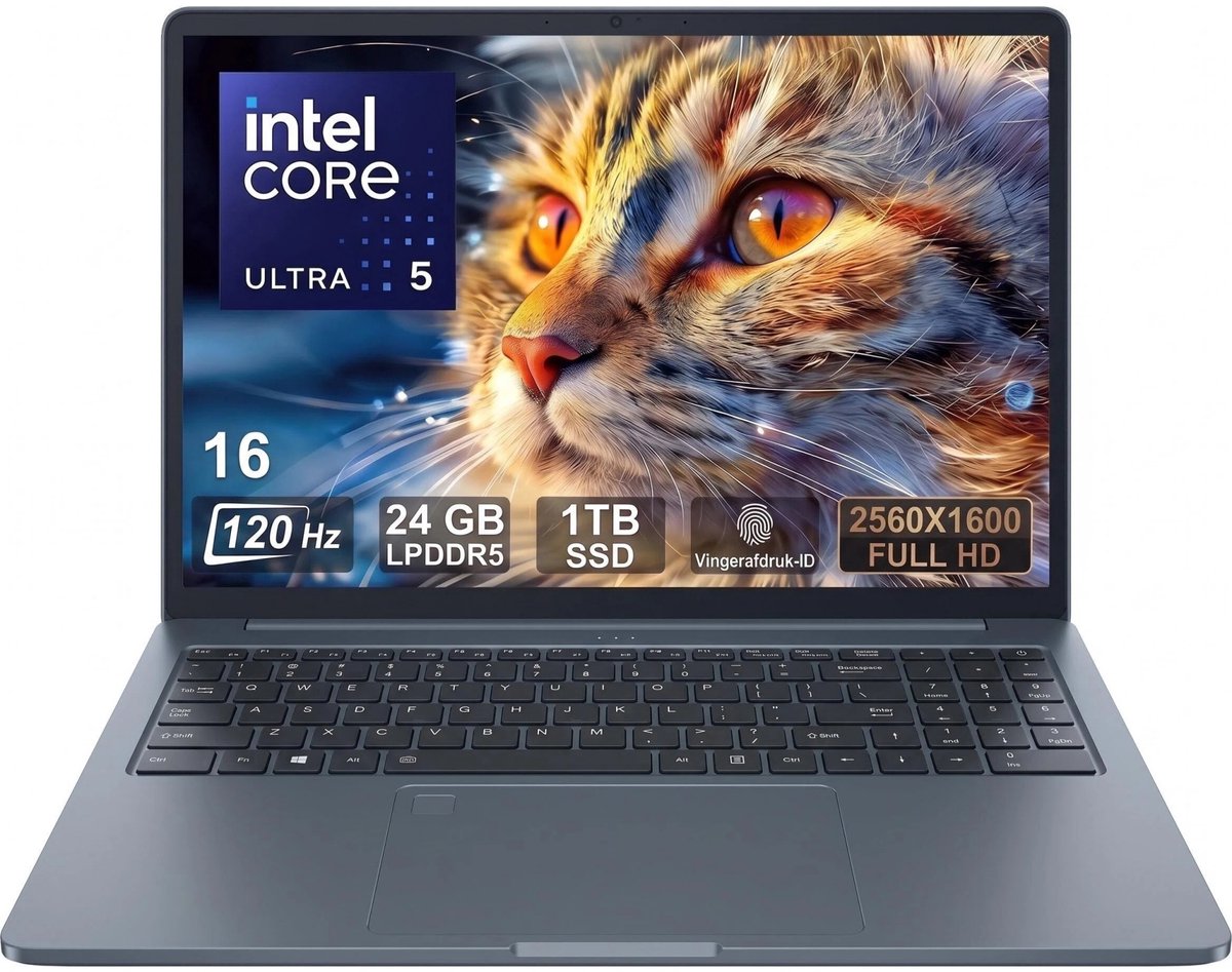 Ninkear N16 Pro 125H - 16 inch laptop - Intel Core 5 - 120 Hz - 24 GB LPDDR5 - 1TB SSD - Zakelijke Laptop - Windows laptop Toetsenbordverlichting - FHD-webcam - Windows 11 Pro - Werk Laptop