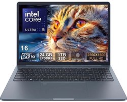Ninkear N16 Pro 125H - 16 inch laptop - Intel Core 5 - 120 Hz - 24 GB LPDDR5 - 1TB SSD - Zakelijke Laptop - Windows laptop Toetsenbordverlichting - FHD-webcam - Windows 11 Pro - Werk Laptop
