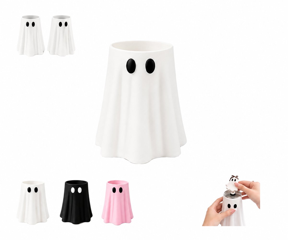 Blikhoes in spookvorm – Halloween-tafeldecoratie (spook) – Inclusief flesopener – Schattige koelhoes voor drankjes – Universele hoes voor slanke blikjes – Leuke feestdecoratie – Wit – Standaardformaat (12 oz / ca. 355 ml)