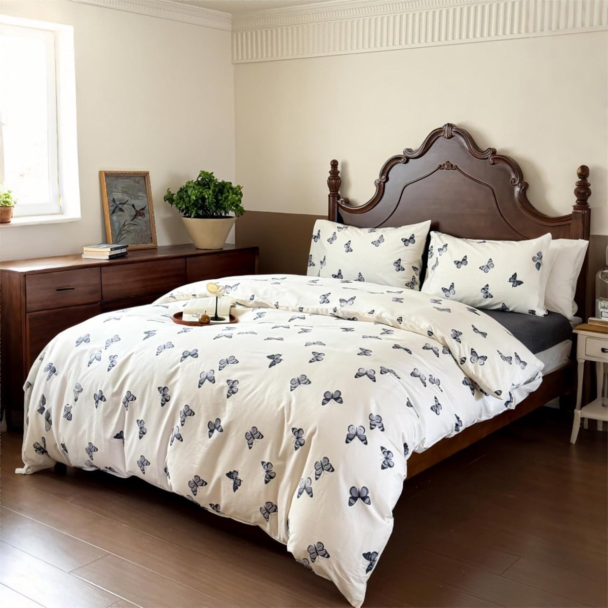 SnelShoppen - Vlinder Beddengoed 155 x 220 cm Katoen Zacht Ademend Bedovertrek Set 3-delig met Ritssluiting en 2 Kussenslopen 80 x 80 cm voor Meisjes