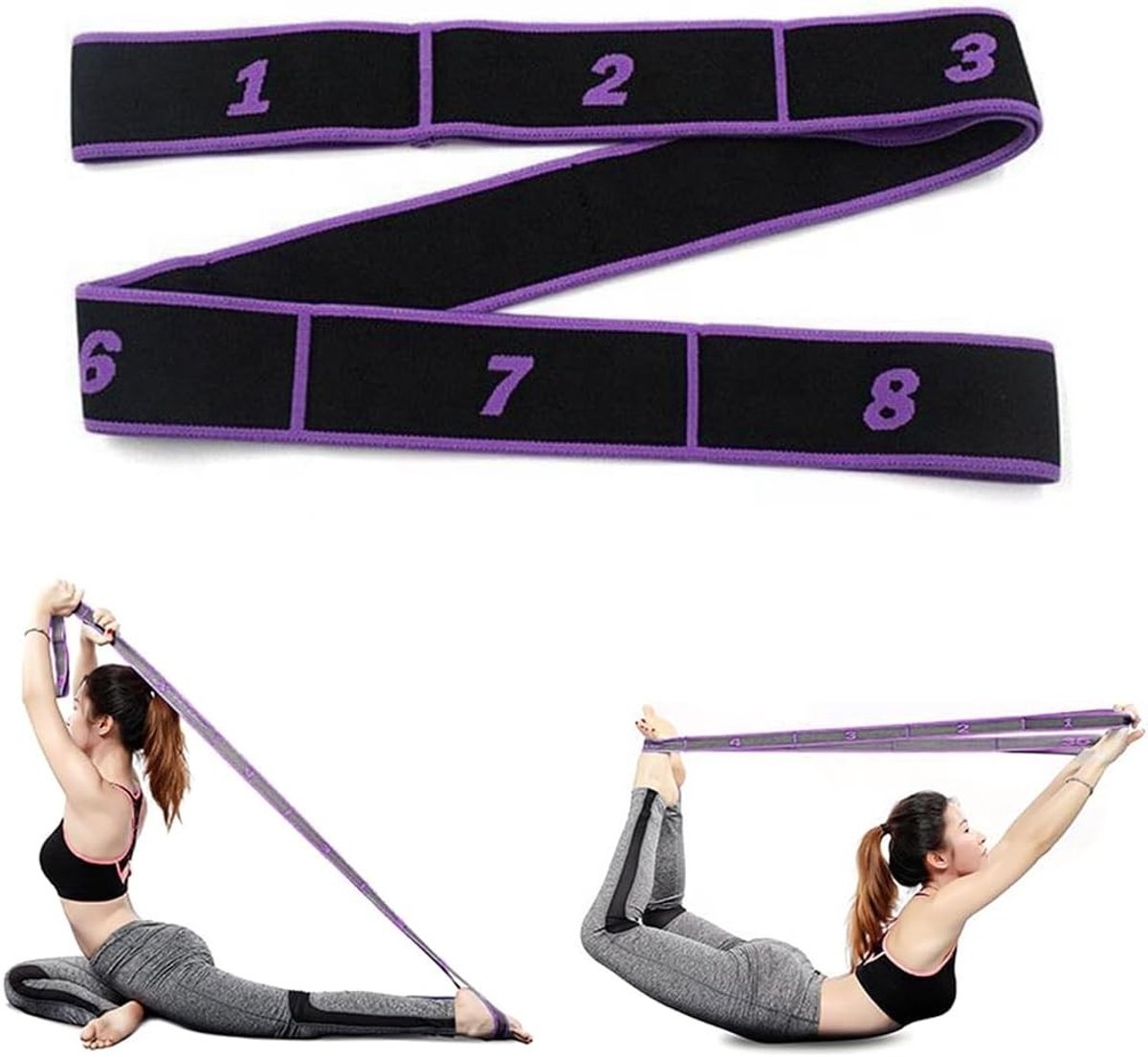 Yogariem - Paars - 88 cm - Elastische Yogariem met 8 Ringbanden - Voor Yoga, Fitness en Pilates