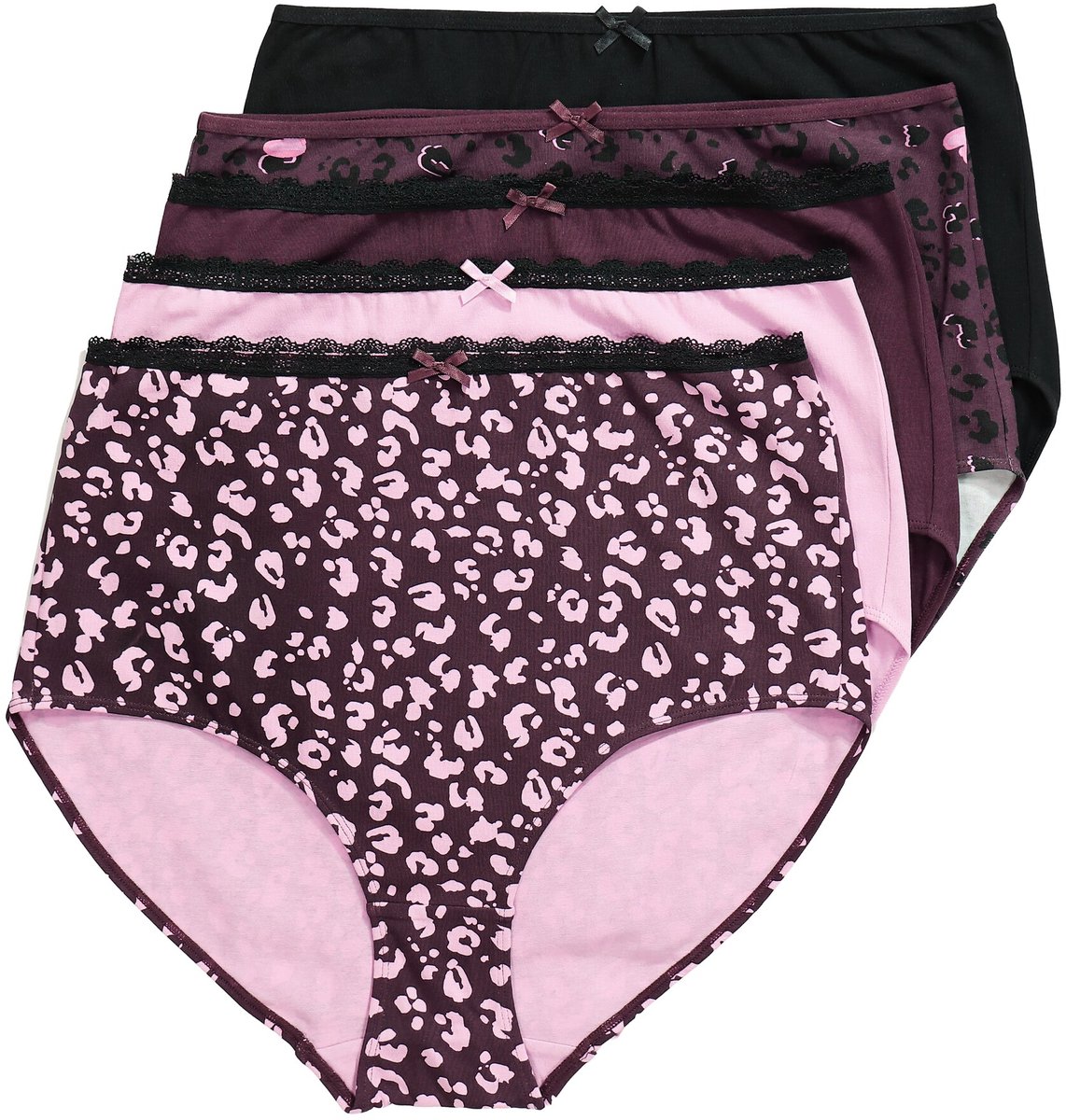 Ulla Popken - Dames - Maxislips set van 5 motief/effen - Donkerpruim - Maat 54+