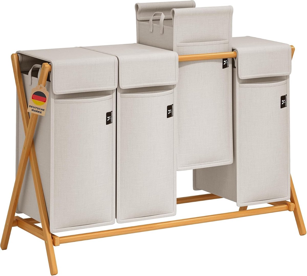 Wasmand 4 Vakken - Lichtgrijs - 200 Liter - Bamboe Constructie - Voor Huishoudelijk Gebruik