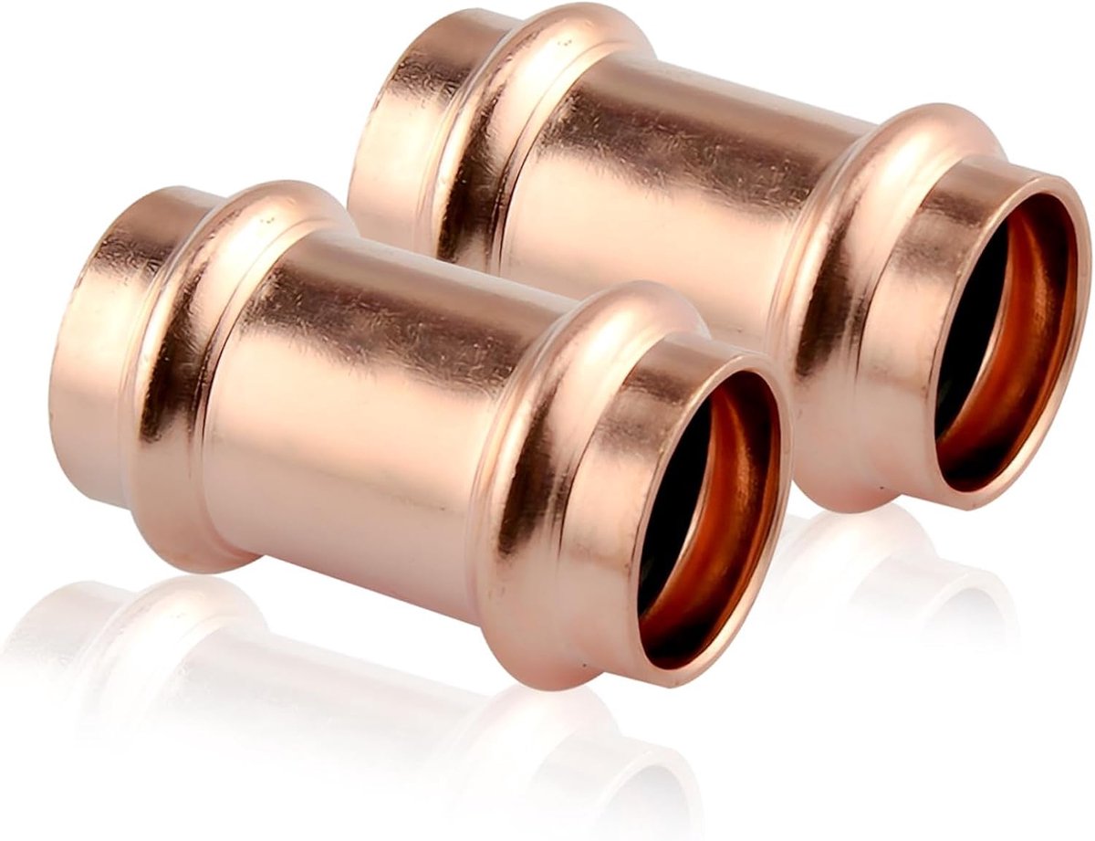 2 stuks koperen persfitting 15 mm V-contour, persmof rechte koppeling, koperen schuifmof voor 15 mm buis, persfitting - ShopVlot