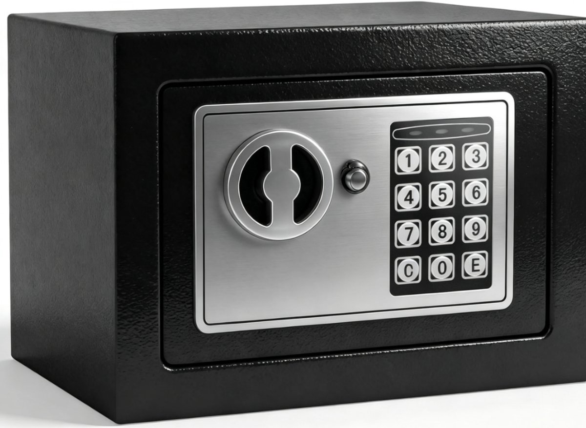 Compacte kluis van 6,6 liter voor contant geld, voorzien van een elektronisch cijferslot en noodsleutels; een brandwerende kluis voor thuis, geschikt voor het opbergen van contant geld, sieraden en belangrijke documenten (23 x 17 x 17 cm).