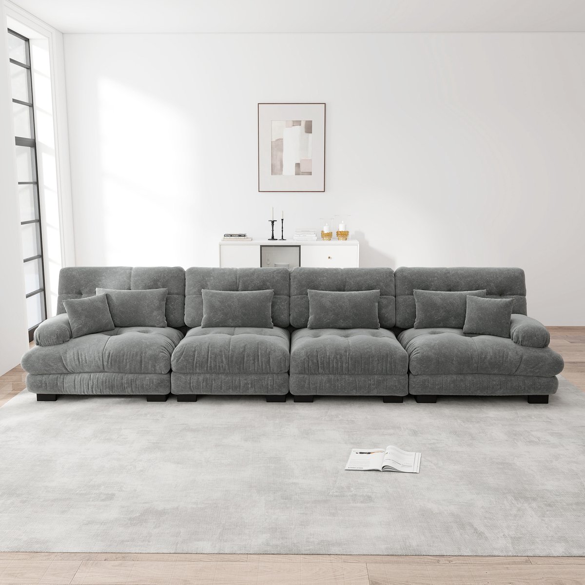 Modulaire 4-zits hoekbank slaapbank - Geschikt voor woonkamer, appartement en kantoor - 4 personen - Grijs chenille - Diepe zit met cloud comfort - Ronde armleuningen als hoofdkussen - Inclusief sier- en lendenkussens