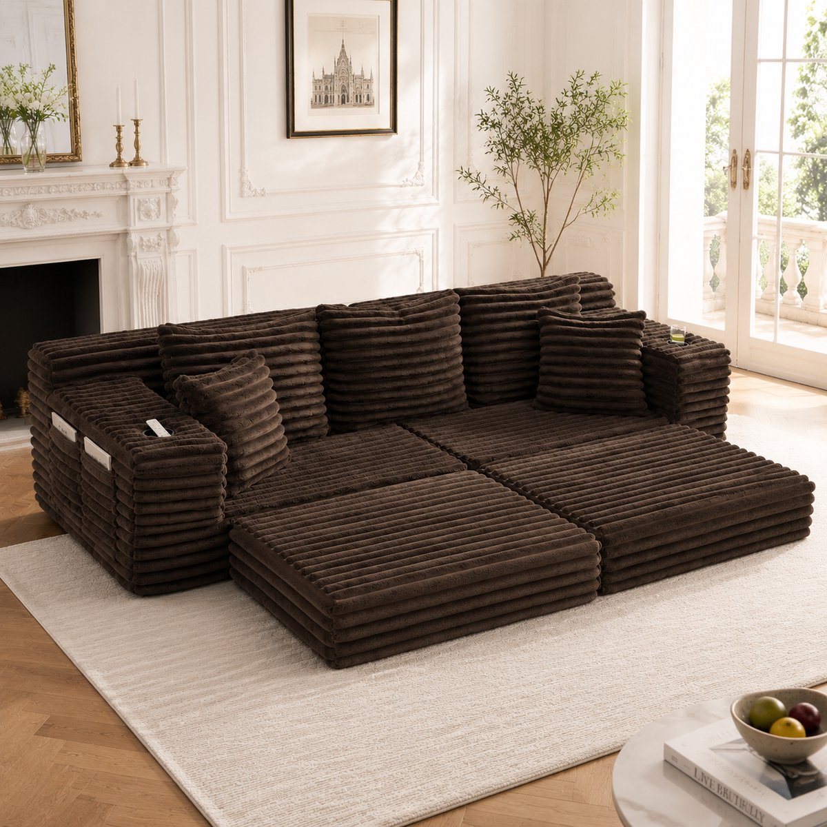 Corduroy compressiebank met hoge rugleuning - 2-in-1 slaapbank voor woonkamer en logés - 2-3 personen - Koffiebruin - Ingebouwde bekerhouders aan beide zijden - Zijvakken en extra kussens - Montagevrij