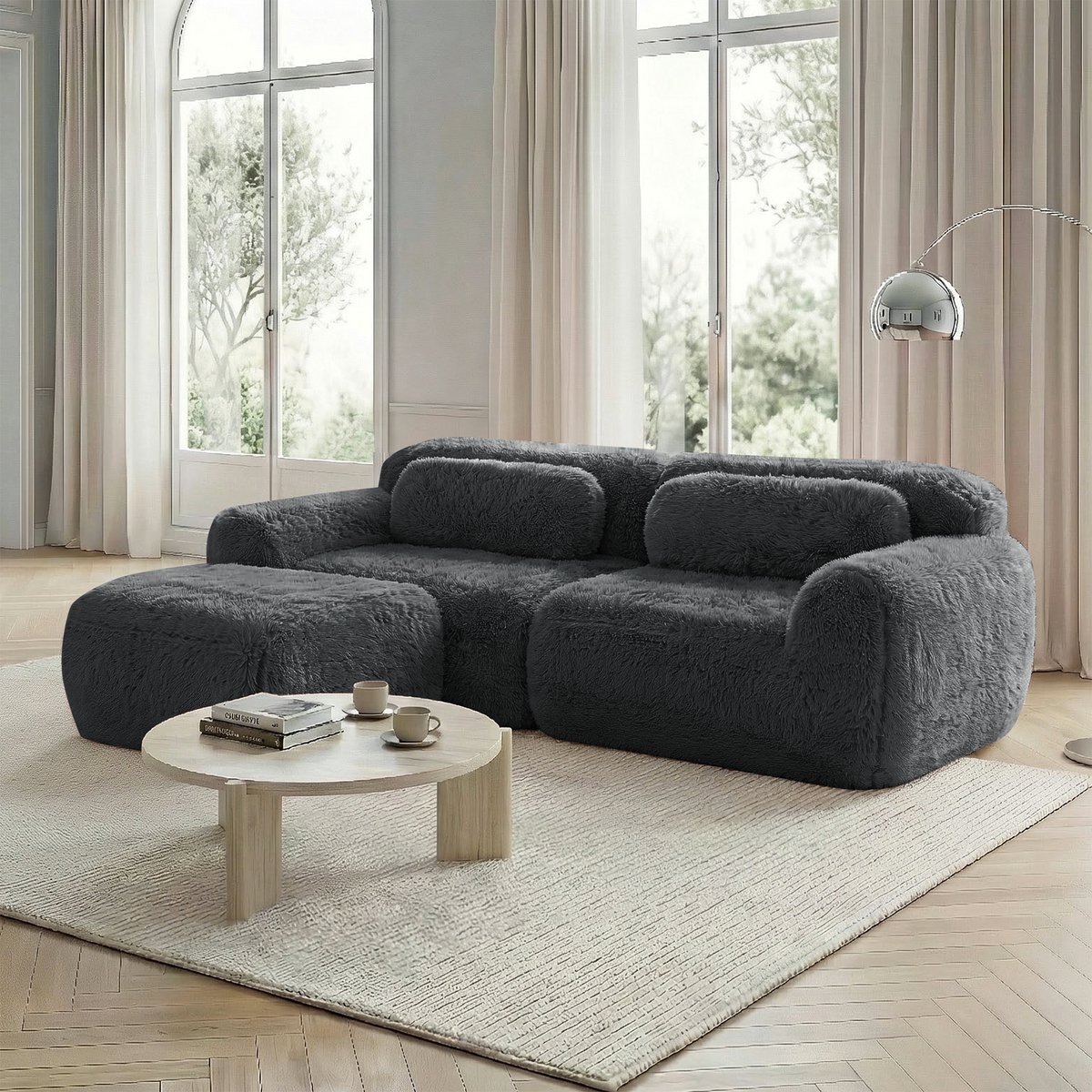 L-vormige 2-zits pluche bank met ottoman - Geschikt voor compacte woonkamers - 2 personen - Grijs - Modulair en montagevrij - 32D hochelastisch schuim - Inclusief kussen - Antislip basis