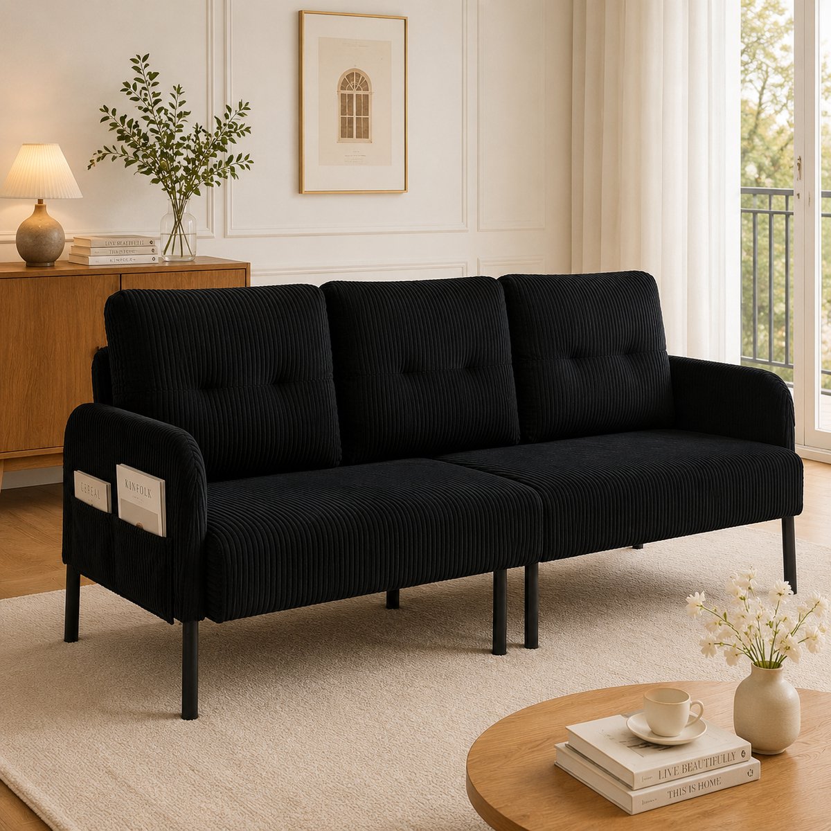 3-zits corduroy bank - Voor woonkamer, slaapkamer en thuiskantoor - 3 personen - Grijs - Hoge rugleuning en zijvakken - Stevig metalen frame - Zachte comfortabele stof