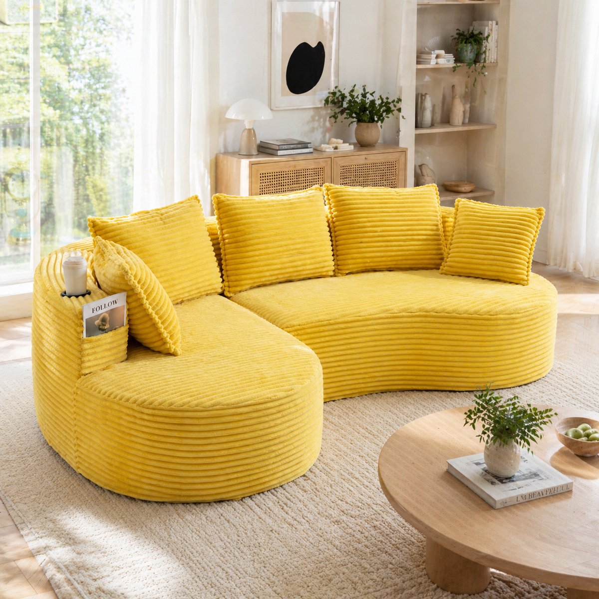 Gebogen corduroy sofa - Met bekerhouders, opbergvak en kussen - Geschikt voor woonkamer, slaapkamer en kantoor - 1-2 personen - Crème corduroy - Hoogdicht schuim met veren - Montagevrij en gecomprimeerd
