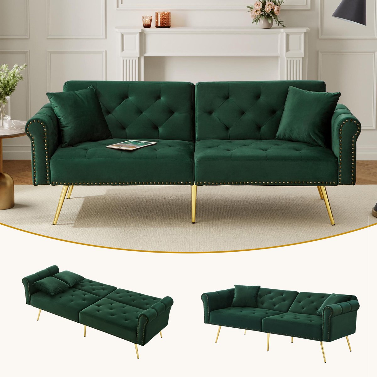 2-zits slaapsofa met onafhankelijk verstelbare rugleuningen - voor kleine ruimtes - 2 personen - diverse kleuren - fluwelen bekleding - gouden metalen poten - incl. 2 kussens