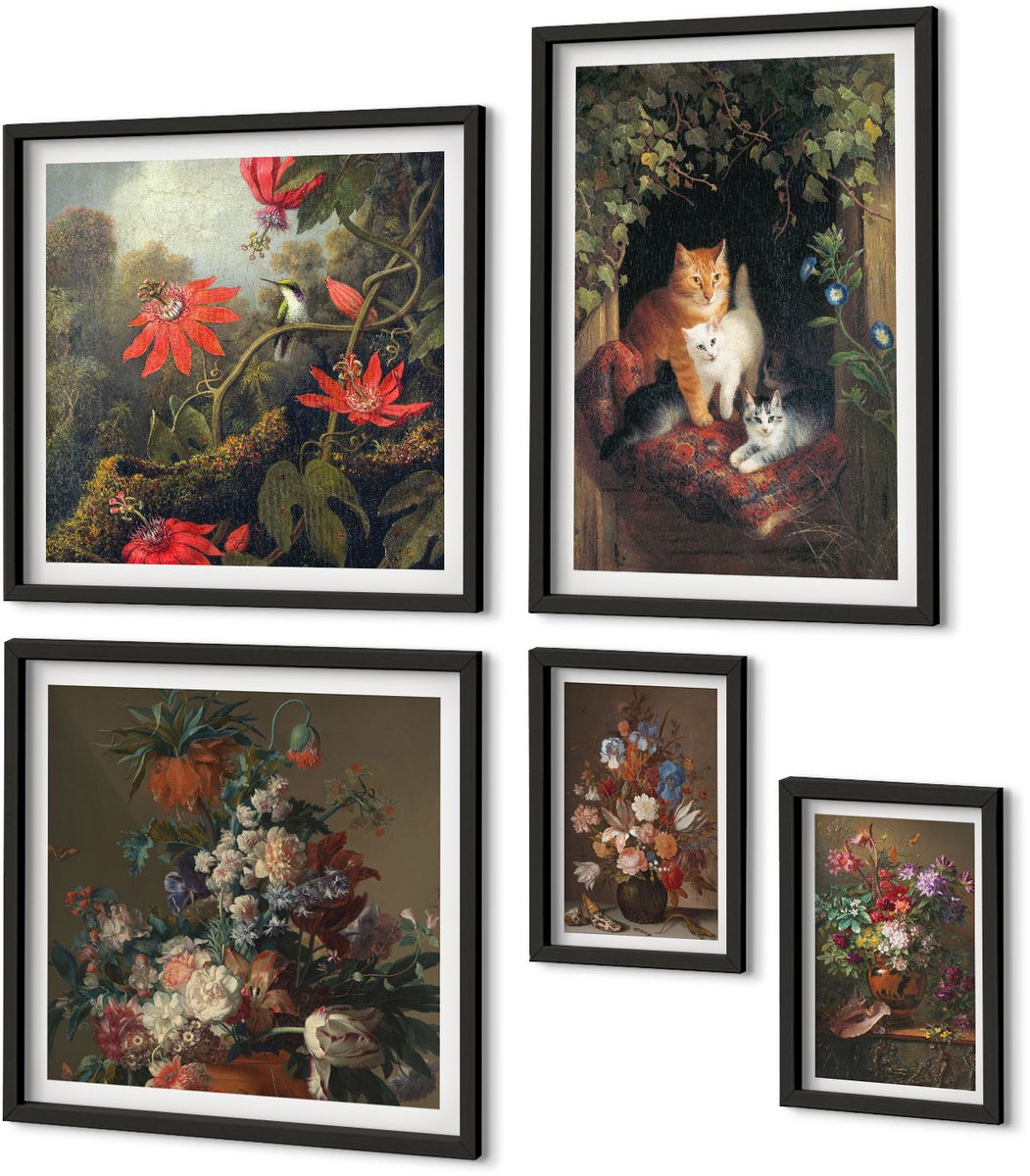 Coloray 5-Delige Schilderij Set - Bloemstukken En Schattige Vintage Katten - 50 x 50 cm, 20 x 30 cm En 40 x 60 cm - Decoratieve Schilderijen - Woonkamer - Interieur - Wanddecoratie Zwarte lijst