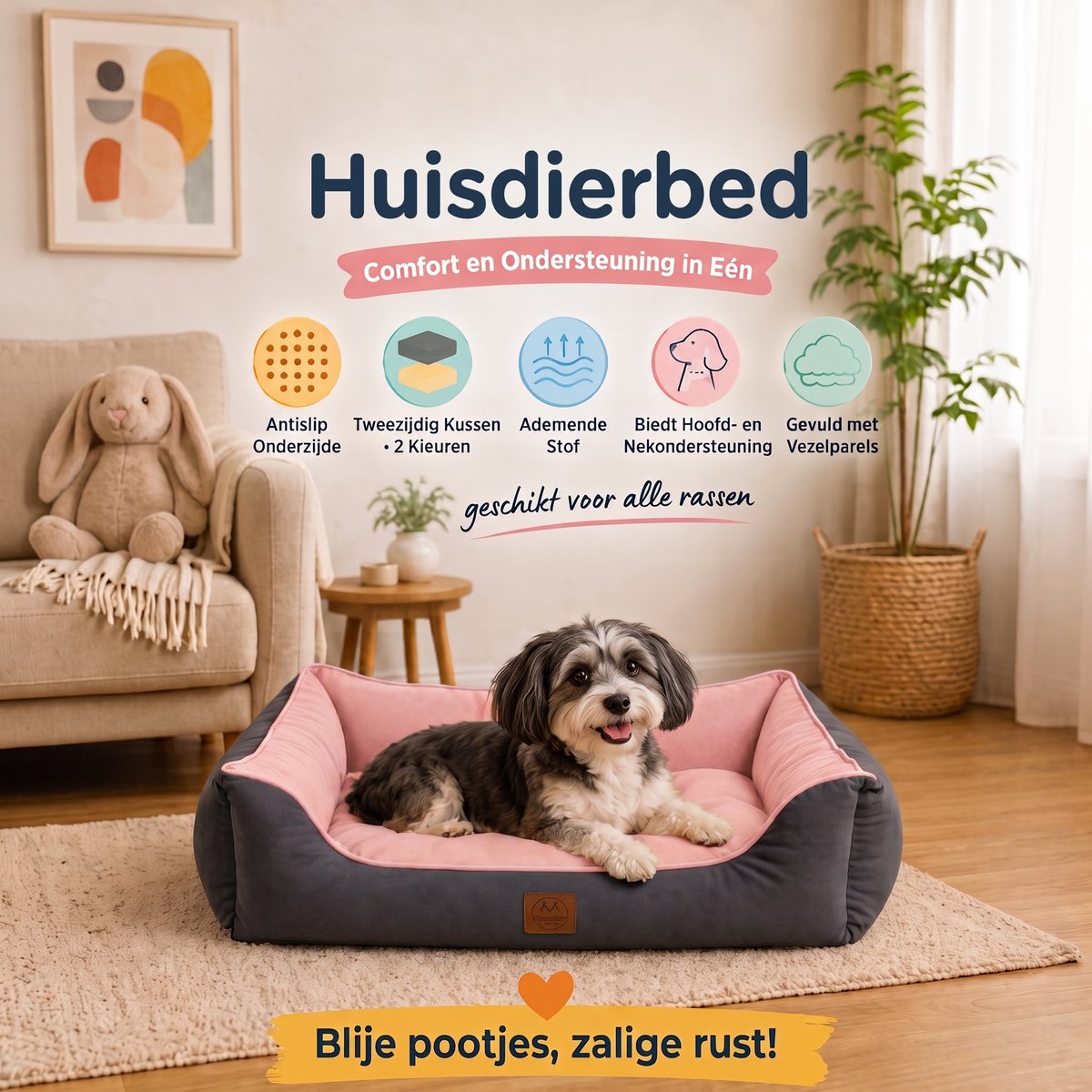 INDECOR Hondenbed - Hondenkussen - Wasbaar Hondenbed met Antislip Bodem - Zacht & Comfortabel Hondenkussen - Hondenmand voor Kleine & Middelgrote Honden - Grijs-Roze
