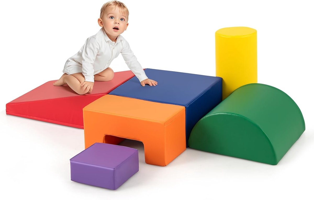 COSTWAY 6 STK. Schuimblokken, Reuzenblokken om te stoeien en klimmen, Zachte schuimblokken, Grote blokken Meerkleurig, voor kleuters, baby's en schoolkinderen (Rood+Oranje)