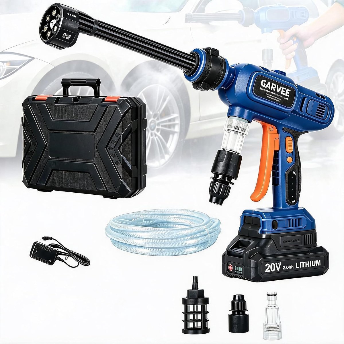 Accu Hogedrukreiniger - 1300 PSI - Draagbaar & Snoerloos - 6-in-1 Sproeikop - Zelfaanzuigend - Ultralicht 0.98kg - Inclusief Harde Koffer & 5m Slang - Voor Auto, Fiets en Tuin