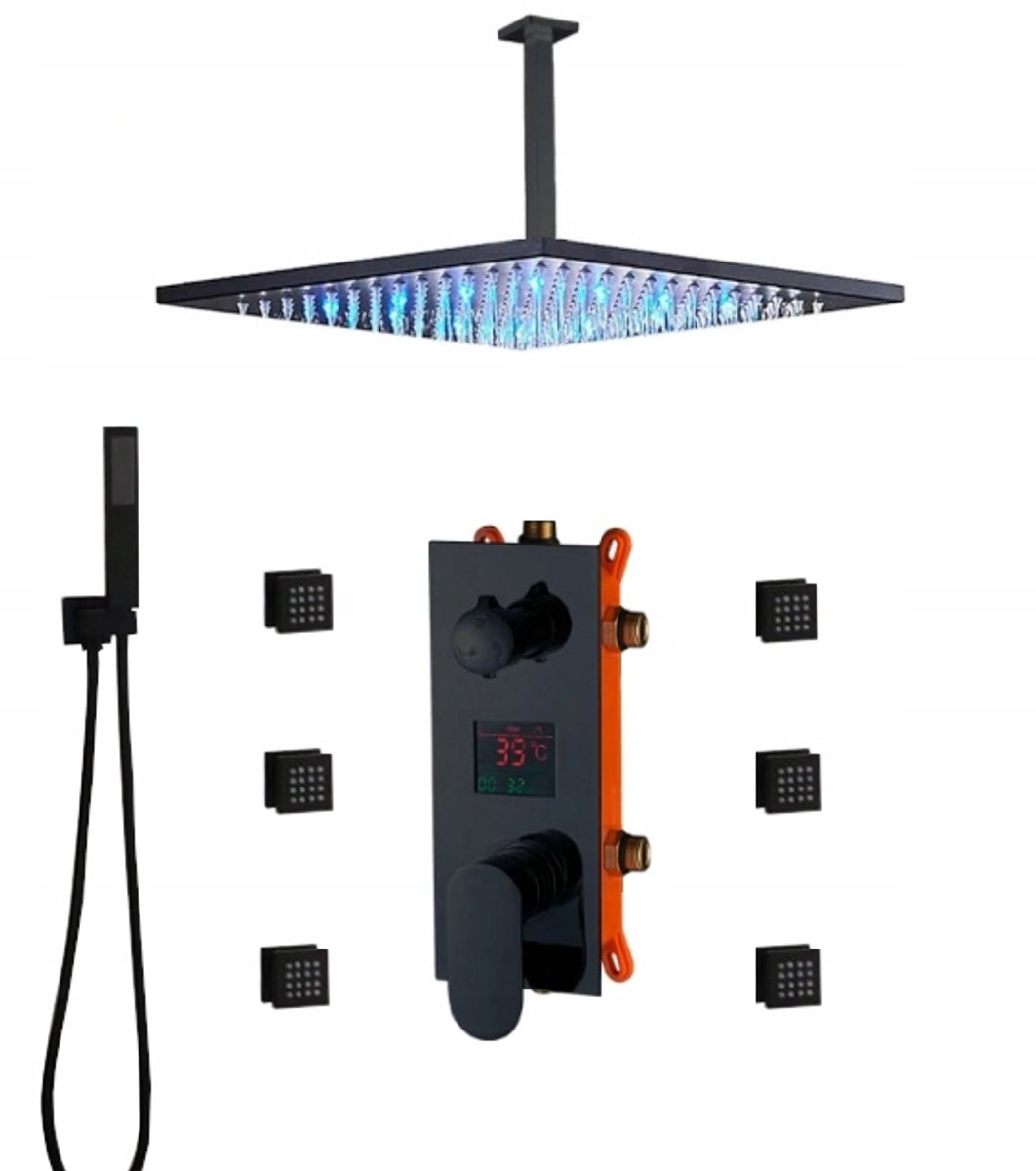 Inbouw Doucheset met LED Regendouche 25cm, Massage & Thermostaatkraan