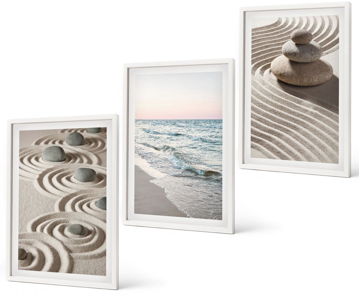 Coloray 3-Delige Schilderij Set - Rustig Zand En Kabbelend Water Met Kiezels Op Het Strand. - 40 x 60 - Stijlvolle Wanddecoratie - Interieur - Interieur Decoratie