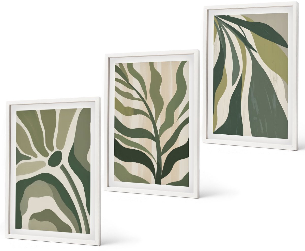 Coloray 3-Delige Schilderij Set - Geschilderde Illustraties Van Bladeren In Verschillende Tinten Groen. - 40 x 60 - Wanddecoratie - Schilderijen Set - Interieur - Decoratieve Schilderijen