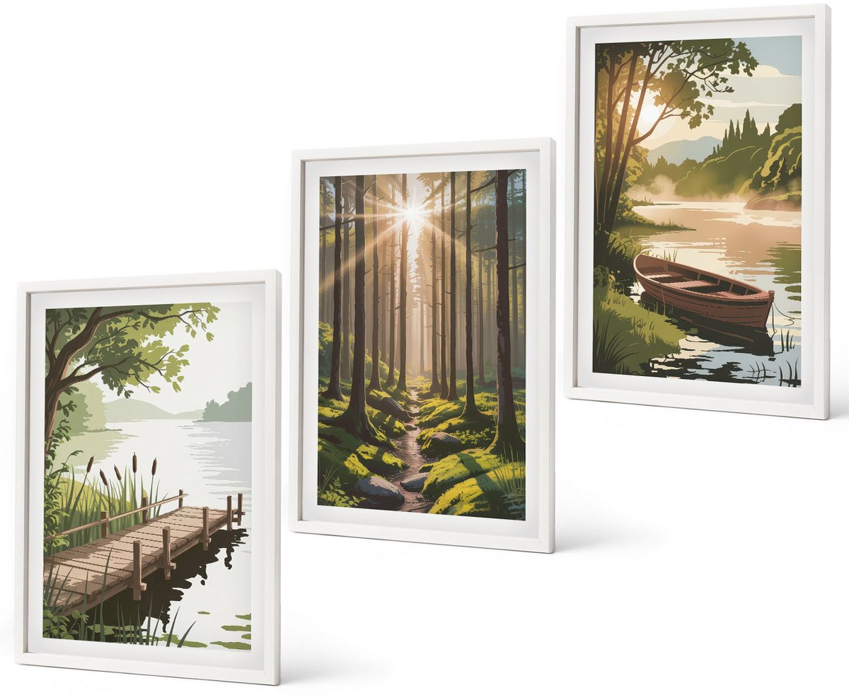 Coloray 3-Delige Schilderij Set - Rustige Landschappen Van Bos En Meer Met Een Boot - 40 x 60 - Decoratieve Schilderijen - Woonkamer - Interieur - Interieur Decoratie