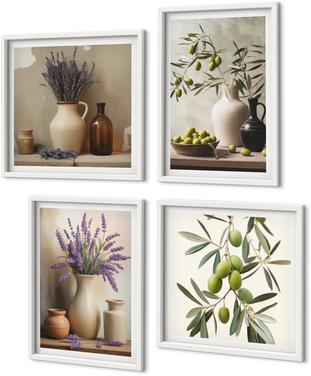 Coloray 4-Delige Schilderij Set - Bloemen In Vazen, Olijven En Natuurlijke Decoraties. - 40 x 40 En 40 x 60 - Muurdecoratie - Schilderijen Set - Woonkamer - Decoratieve Schilderijen