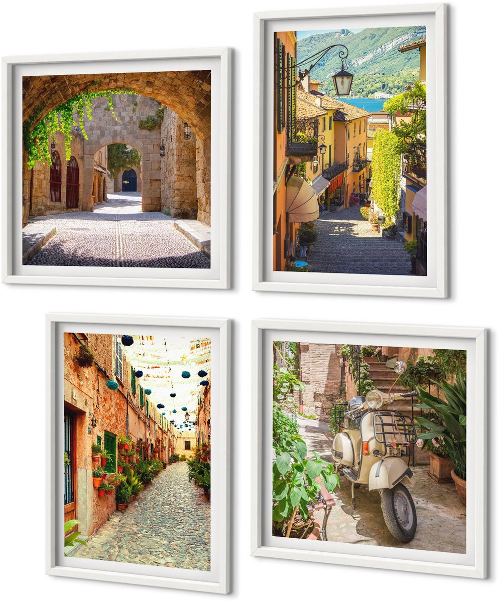 Coloray 4-Delige Schilderij Set - Sfeervolle Straatjes Met Planten En Italiaanse Pizza - 40 x 40 En 40 x 60 - Muurdecoratie - Wanddecoratie - Slaapkamer