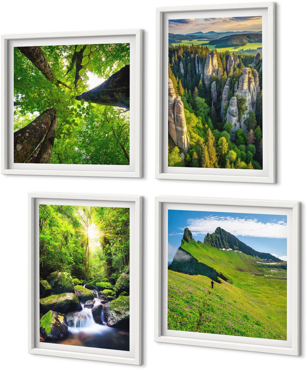 Coloray 4-Delige Schilderij Set - Groene Berglandschappen Met Waterval En Bos - 40 x 40 En 40 x 60 - Muurdecoratie - Interieur Decoratie - Moderne Wanddecoratie