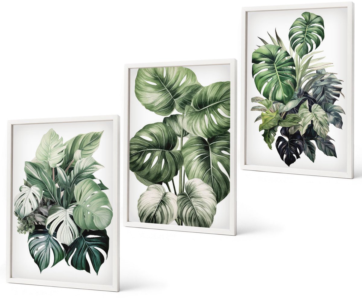 Coloray 3-Delige Schilderij Set - Groene Bladeren Van Tropische Planten, Aquarelverf - 40 x 60 - Decoratieve Schilderijen - Wanddecoratie - Hal - Woonkamer Decoratie