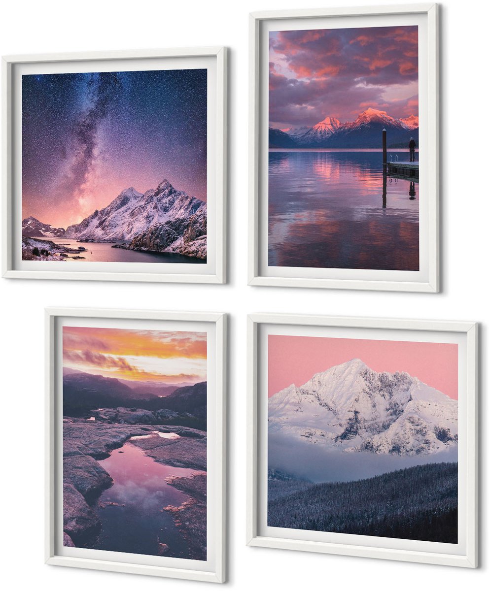 Coloray 4-Delige Schilderij Set - Bergen En Water In Prachtige Natuurlijke Landschappen - 40 x 40 En 40 x 60 - Wanddecoratie - Schilderijen Set - Kantoor - Decoratieve Schilderijen
