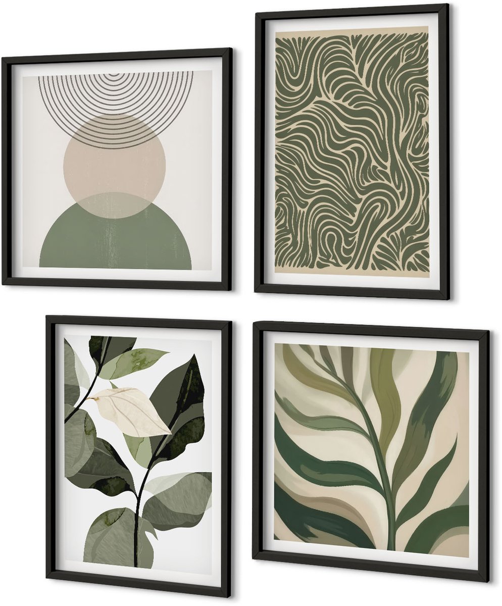 Coloray 4-Delige Schilderij Set - Abstracte Bladeren En Geometrische Vormen - 40 x 40 cm En 40 x 60 cm - Moderne Wanddecoratie - Woonkamer - Interieur Decoratie Zwarte lijst