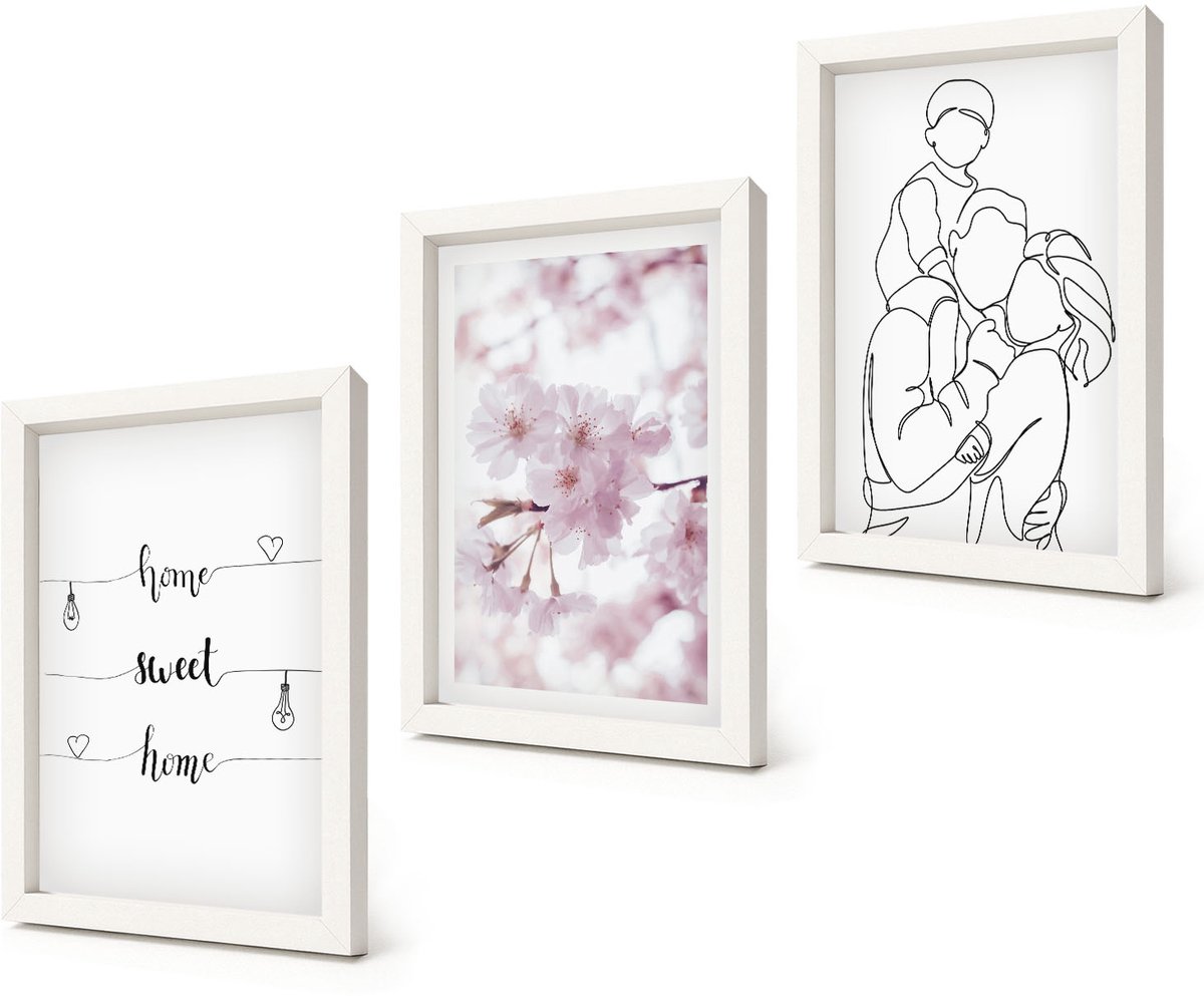Coloray 3-Delige Schilderij Set - Bloemen en familie in minimalistisch design. - 20x30 - Wanddecoratie - Muurdecoratie - Woonkamer - Stijlvolle Muurdecoratie