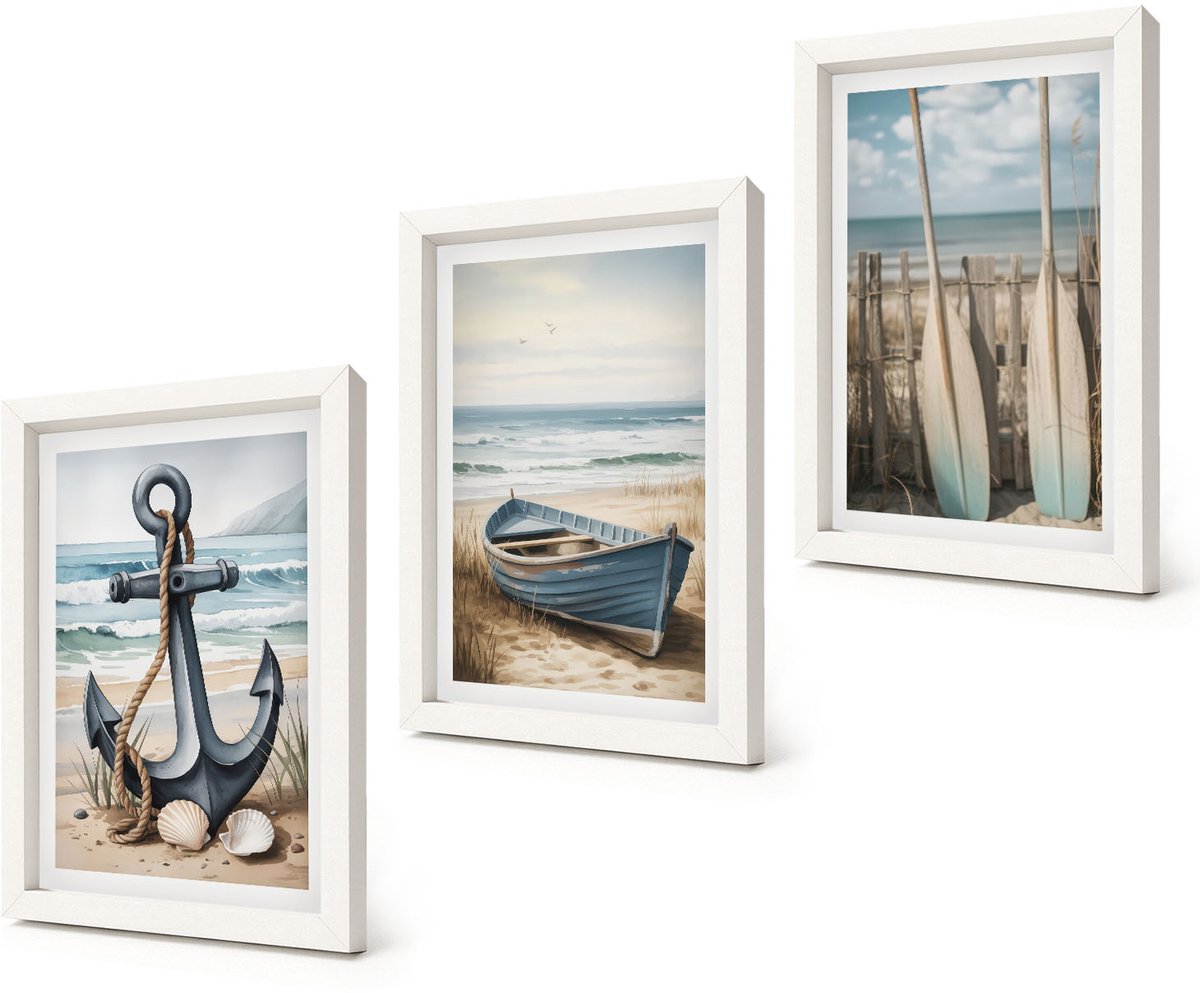 Coloray 3-Delige Schilderij Set - Bootanker en roeispanen op het strand met de zee - 20x30 - Moderne Wanddecoratie - Woonkamer