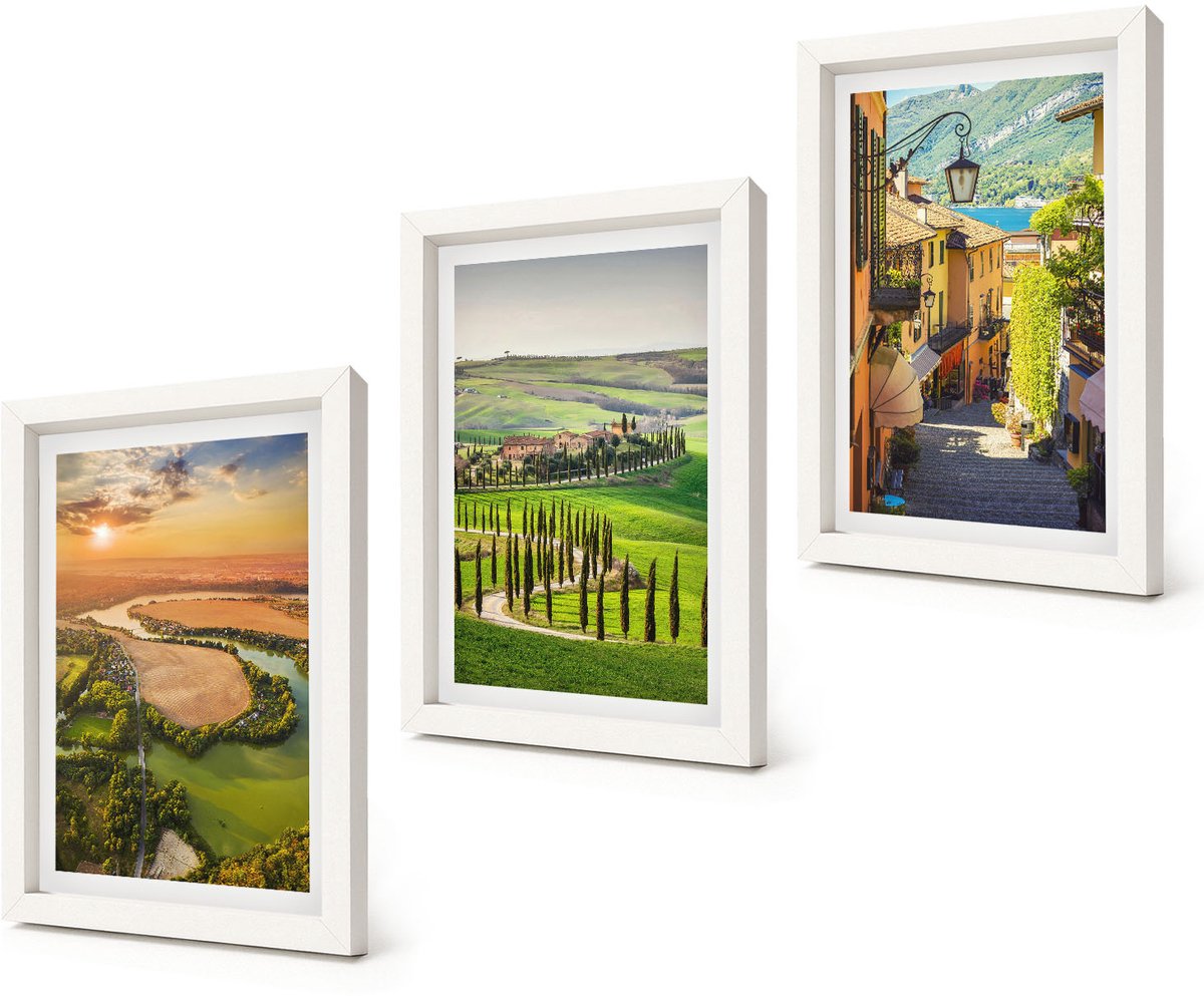 Coloray 3-Delige Schilderij Set - Italiaanse landschappen met een rivier, heuvels en een stadsstraat - 20x30 - Muurdecoratie - Decoratieve Schilderijen - Wohnzimmer - Stijlvolle Muurdecoratie