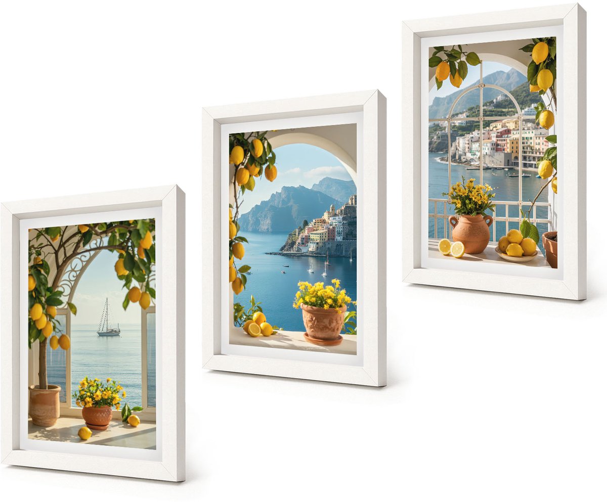 Coloray 3-Delige Schilderij Set - Citroenen en bloemen in potten in een kustplaats - 20x30 - Wanddecoratie - Schilderijen Set - Kantoor - Stijlvolle Muurdecoratie