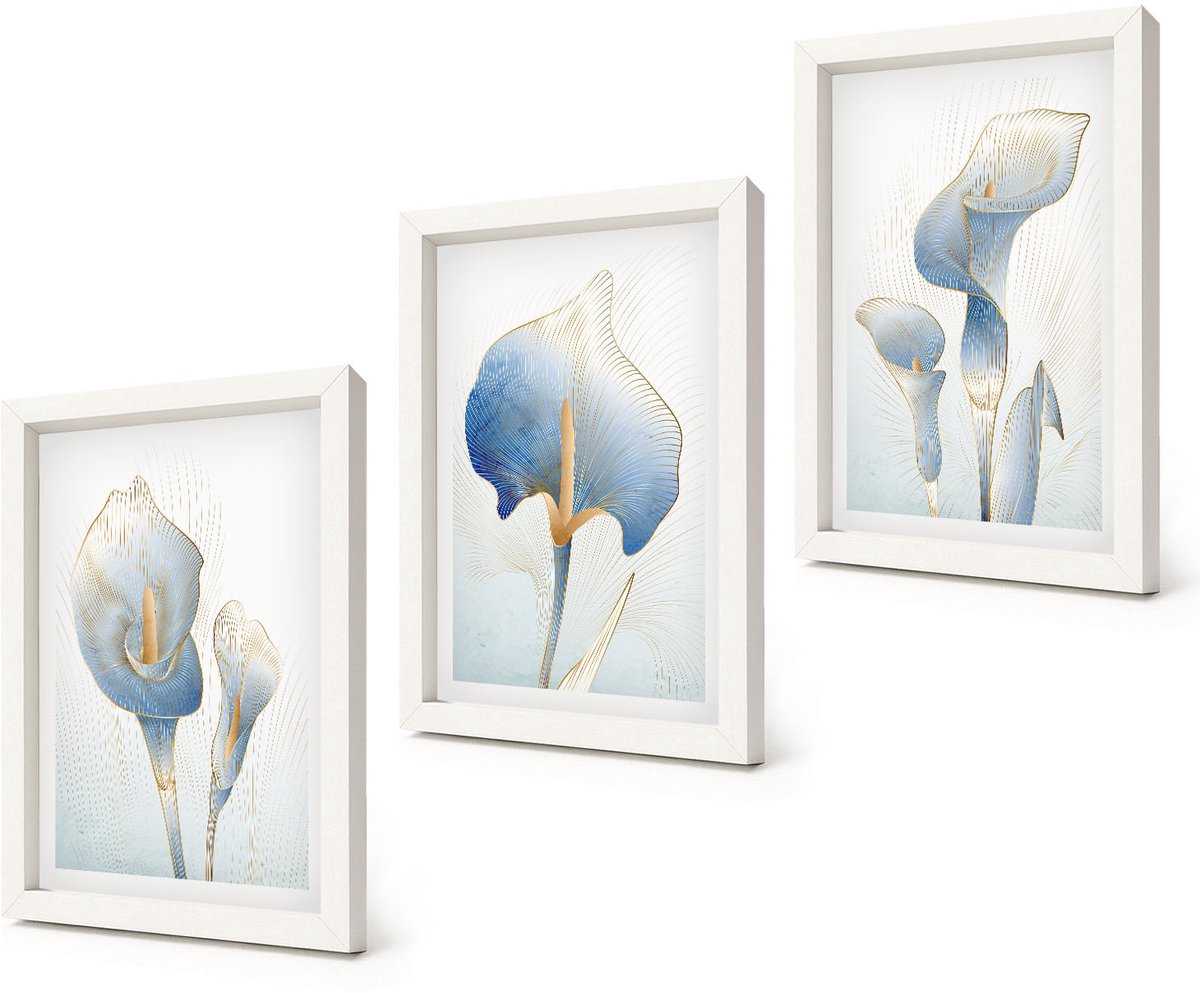 Coloray 3-Delige Schilderij Set - Fijne blauwe bloemen op een lichte achtergrond - 20x30 - Moderne Wanddecoratie - Slaapkamer