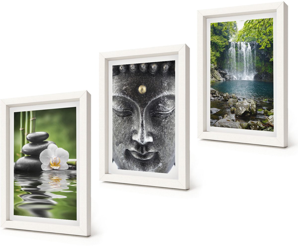 Coloray 3-Delige Schilderij Set - Harmonie van de natuur met stenen, water en Boeddha - 20x30 - Wanddecoratie - Schilderijen Set - Interieur - Interieur Decoratie