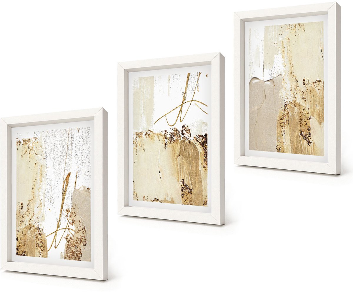 Coloray 3-Delige Schilderij Set - Abstracte patronen in beige en witte tinten. - 20x30 - Muurdecoratie - Decoratieve Schilderijen - Wohnzimmer