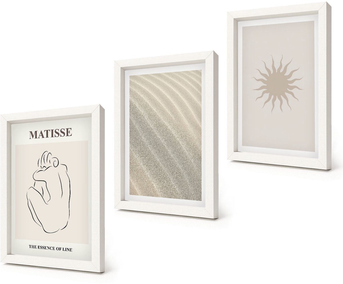 Coloray 3-Delige Schilderij Set - Minimalistische zandlijnen, golven en zon - 20x30 - Wanddecoratie - Muurdecoratie - Woonkamer - Decoratieve Schilderijen