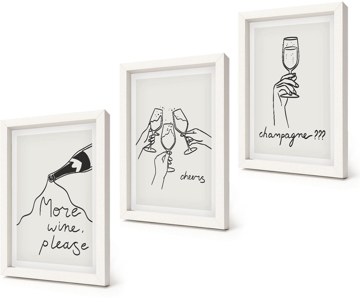 Coloray 3-Delige Schilderij Set - Vrolijke momenten met wijn en champagne - Lijntekening - 20x30 - Muurdecoratie - Wanddecoratie - Hal