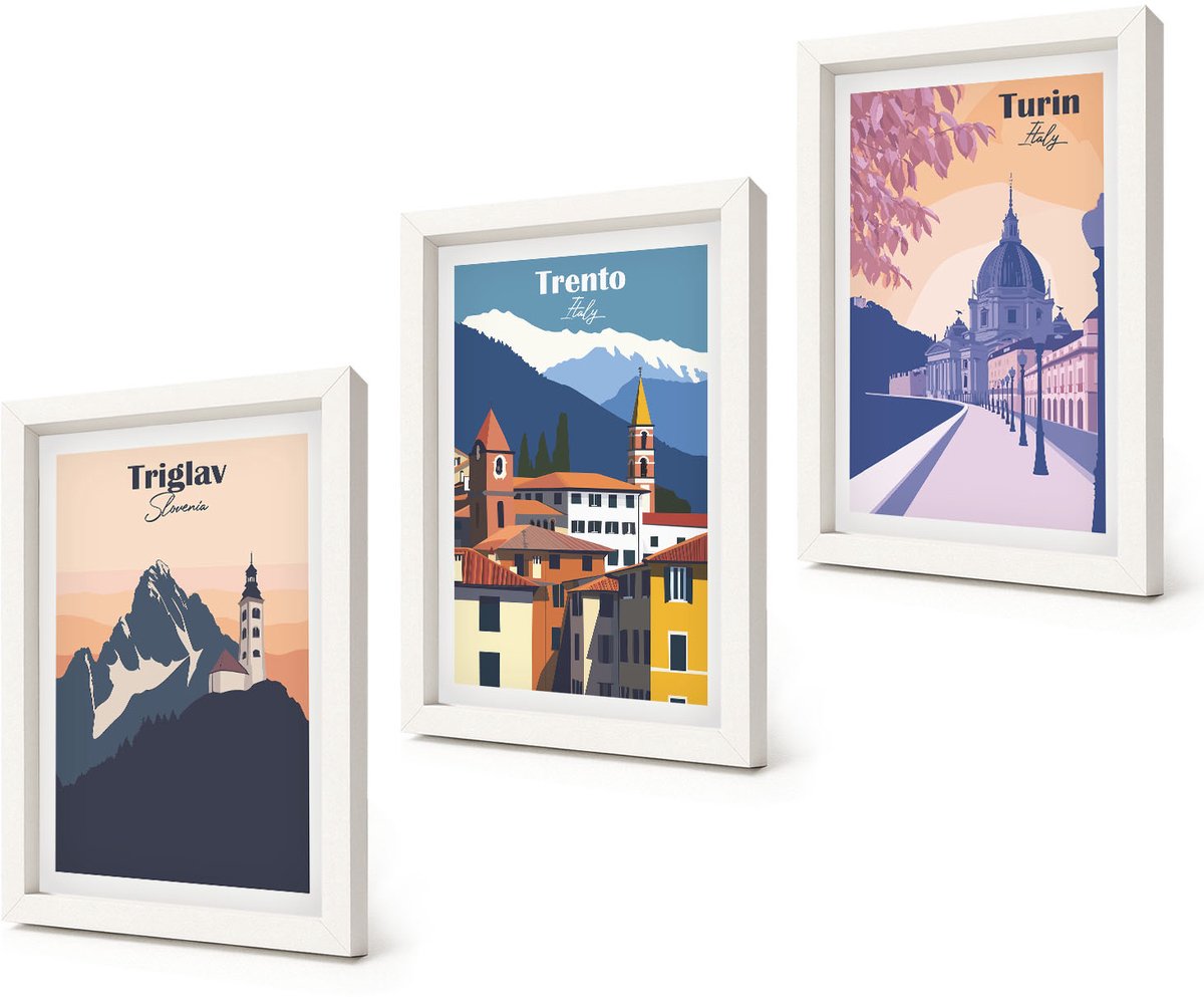 Coloray 3-Delige Schilderij Set - Bergen en architectuur, retro, kleurrijke illustraties - 20x30 - Muurdecoratie - Interieur Decoratie - Decoratieve Schilderijen