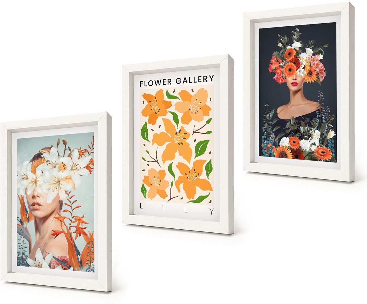 Coloray 3-Delige Schilderij Set - Bloemenportretten met kleurrijke boeketten en bladeren - 20x30 - Muurdecoratie - Schilderijen Set - Woonkamer - Decoratieve Schilderijen