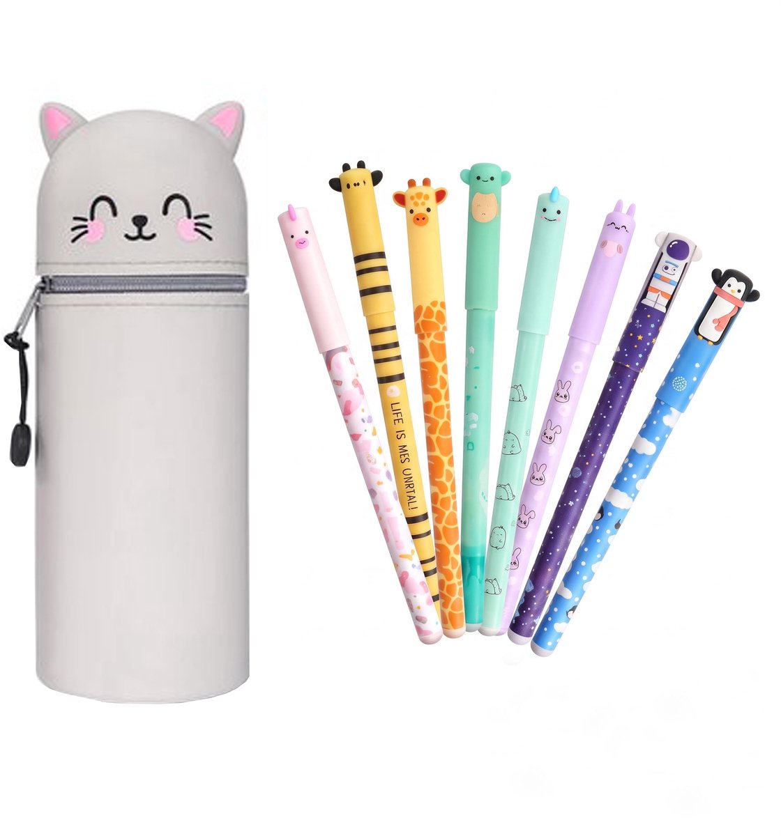 Namajunas - Uitwisbare pennen 8 kleuren - Gelpennen met siliconen etui - Katten Pennenzak - 0,6 mm Cartoon Patroon Dierenpen voor Schoolspullen van Kinderen of Kantoorbenodigdheden voor Volwassenen - Cadeauset