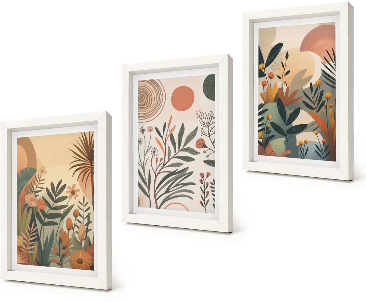 Coloray 3-Delige Schilderij Set - Plantmotieven in gedempte kleuren met cirkels. - 20x30 - Muurdecoratie - Schilderijen Set - Woonkamer - Wanddecoratie