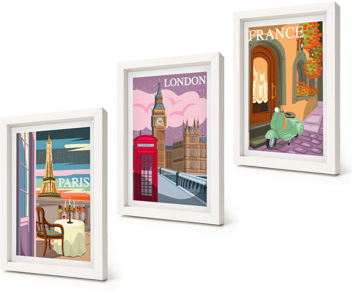 Coloray 3-Delige Schilderij Set - Retro stadsgezichten van Parijs, Londen en Frankrijk - 20x30 - Stijlvolle Wanddecoratie - Interieur - Moderne Wanddecoratie